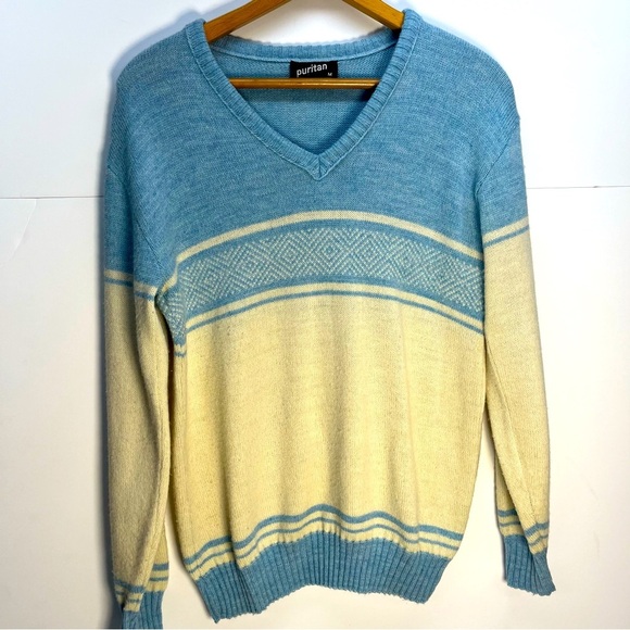 Vtg Puritan Lamb Blend Wool Blue Striped Pullover Sweater Sz Medium Winter Fuzzy - Picture 1 of 9